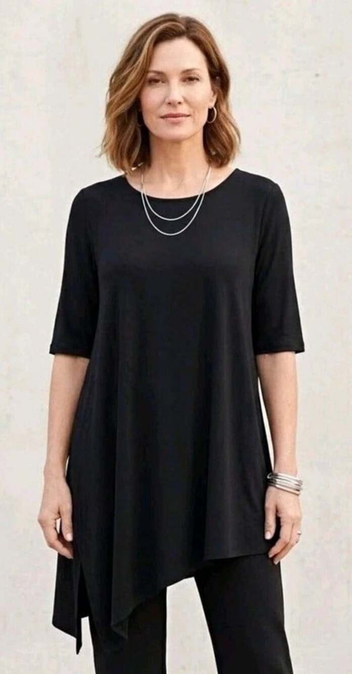 Eileen Fisher Asymmetrical Silk Tunic Top US XL EU 42 Womens Black $278